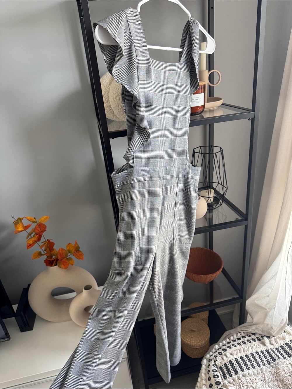 Zara Gray Glen Plaid Ruffle-Strap Jumpsuit